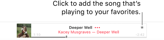The top of Apple Music with a song playing. Click the Favorites button to the right of the song title to mark the song that’s playing as a favorite.